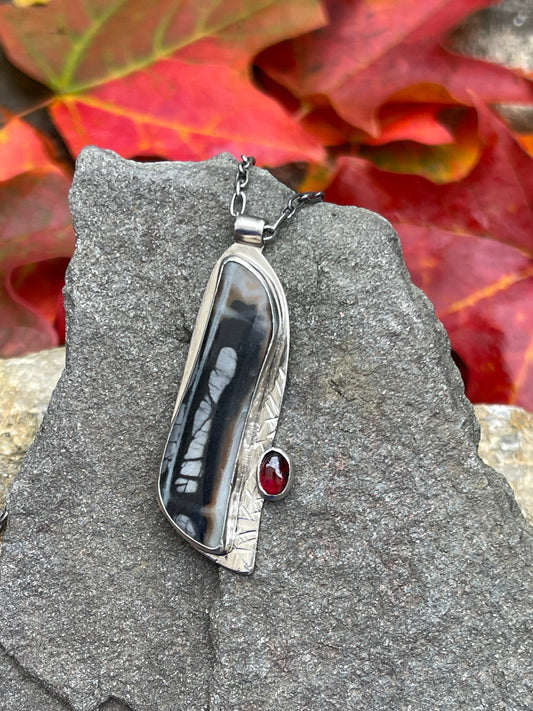 Handmade sterling silver Picasso jasper and garnet pendant, alternate view