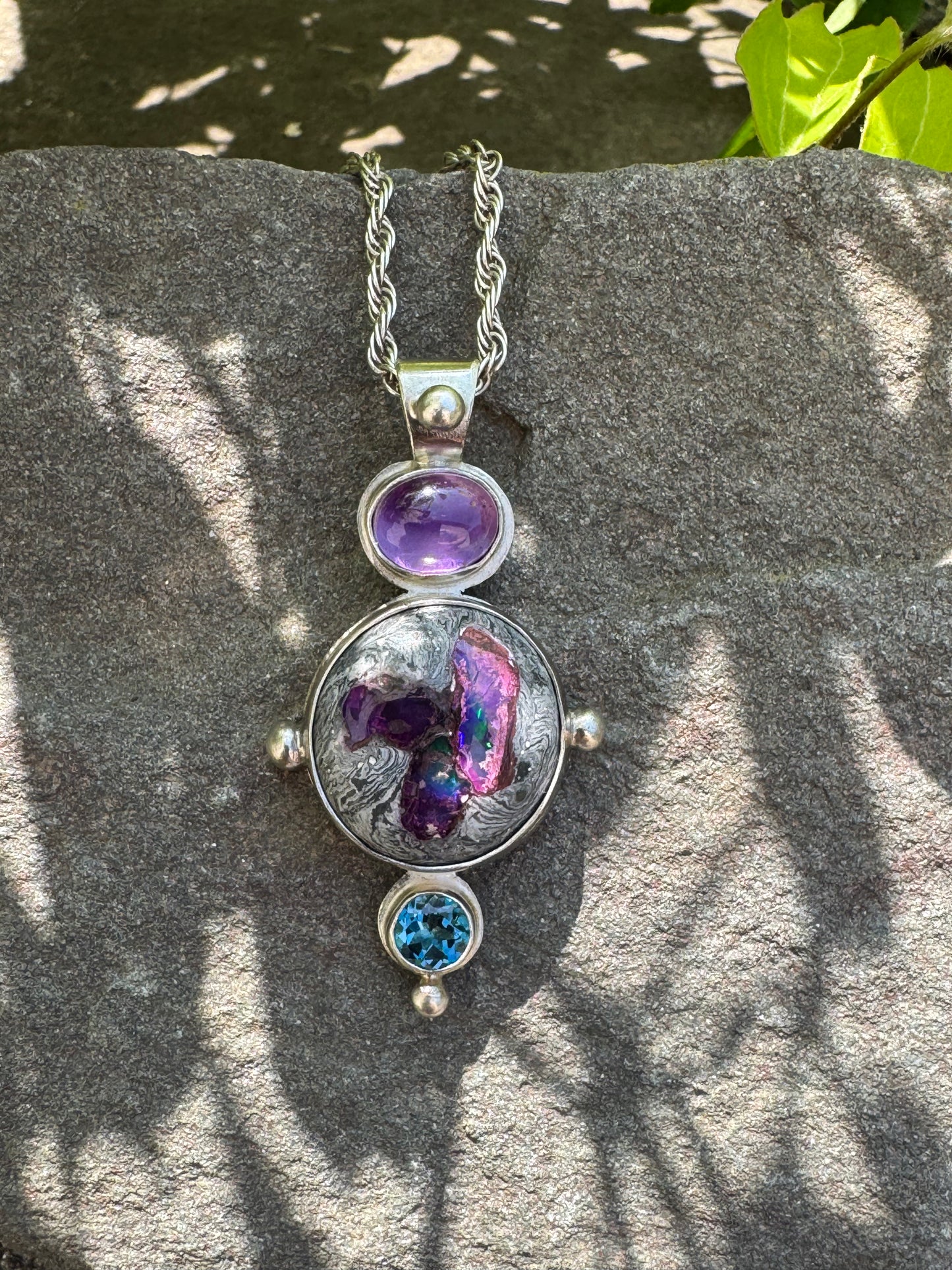 Amethyst, Fire Opal and Blue Topaz Chain Pendant