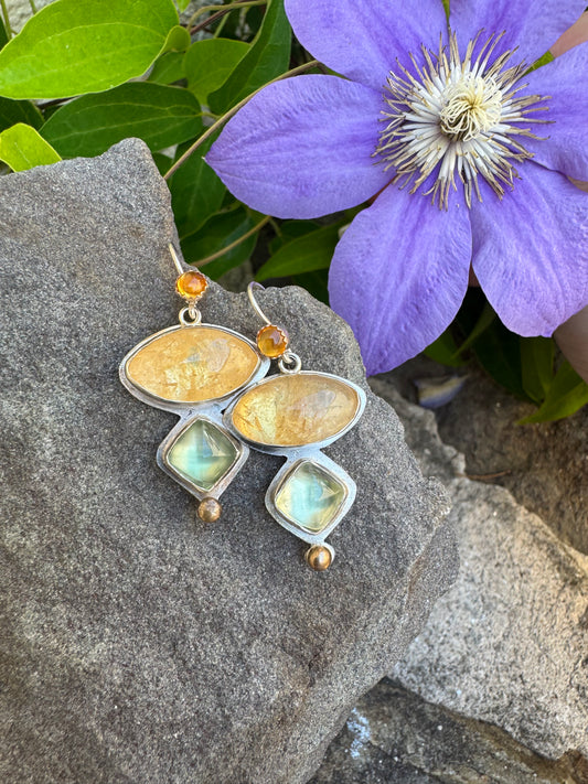 Handmade sterling silver citrine, prehnite and topaz tiered earrings, alternate view