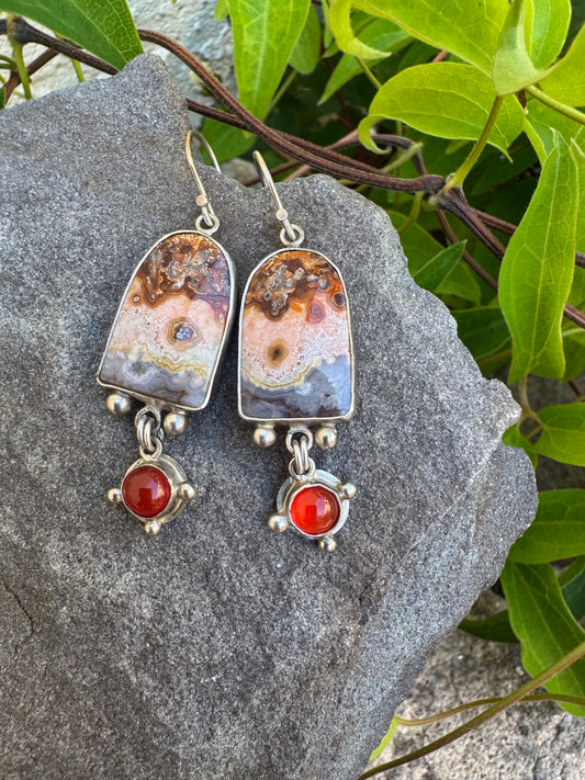 Handmade sterling silver crazy lace agate and carnelian drop earrings, alternate view