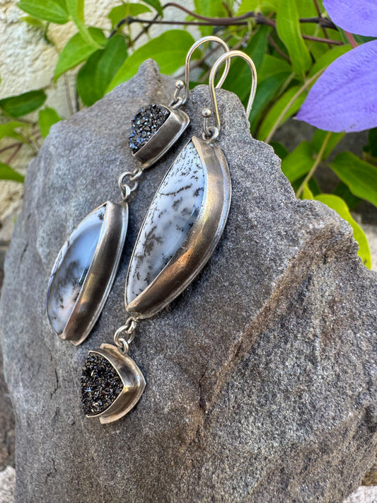 Handmade sterling silver dendritic agate and black druzy drop earrings, alternate view