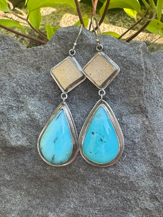 Handmade sterling silver sand druzy and Peruvian opal drop earrings, alternate view