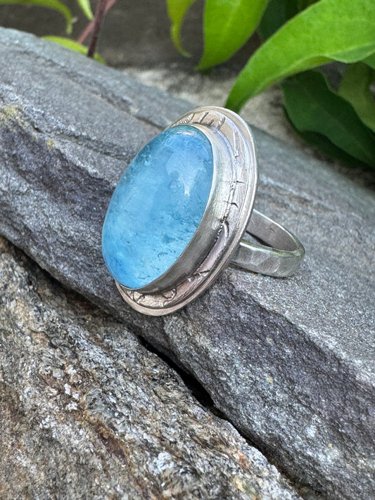 Handmade sterling silver large aquamarine oval ring in sterling silver with carved bezel, alternate view