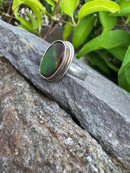 Handmade sterling silver ammolite oval ring with green tourmaline, alternate view