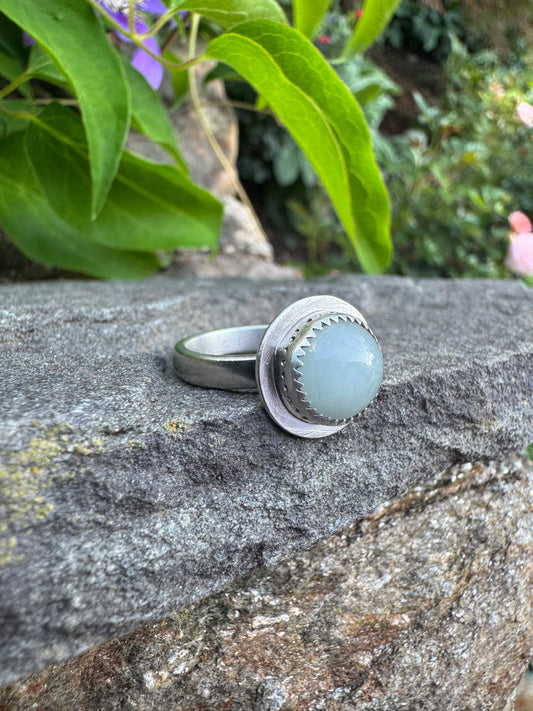 Handmade sterling silver aquamarine round ring, alternate view