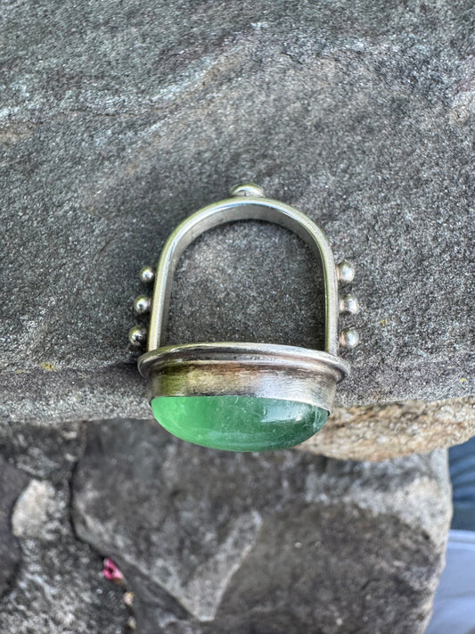 Handmade sterling silver fluorite ring with jade detail, alternate view