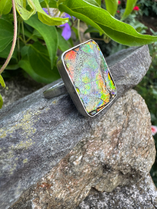 Handmade sterling silver warm ammolite rectangular ring, alternate view
