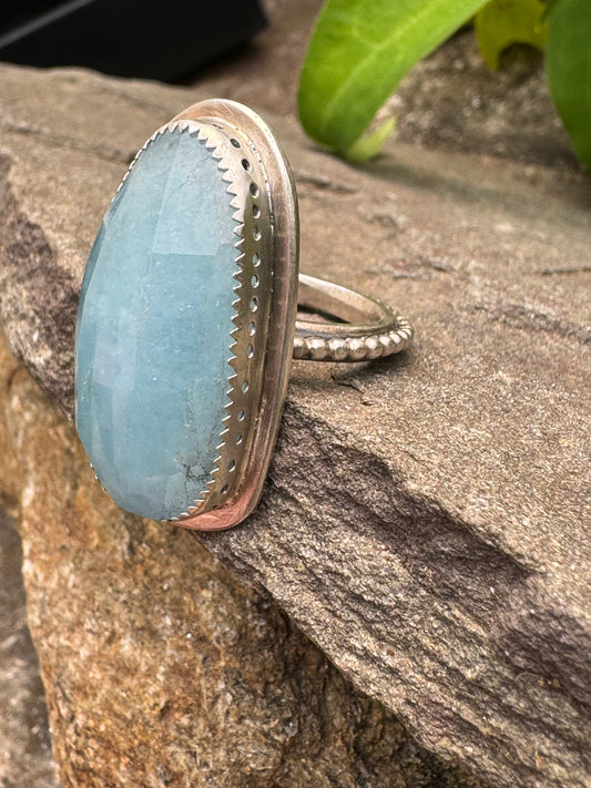 Handmade sterling silver aquamarine ring, alternate view