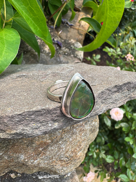 Handmade sterling silver ammolite ring, alternate view