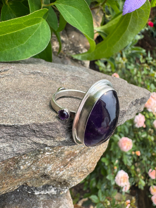 Handmade sterling silver frosted and polished amethyst three-stone ring, alternate view