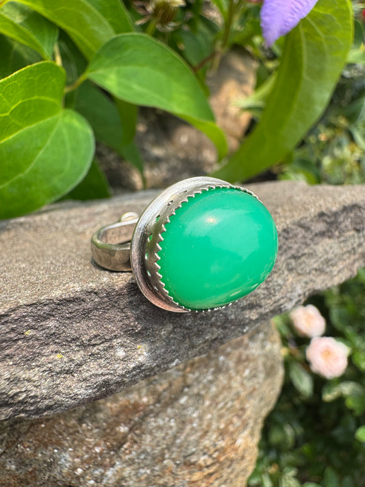 Handmade sterling silver chrysoprase ring, alternate view
