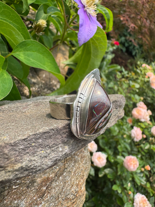 Handmade sterling silver fire opal ring, alternate view