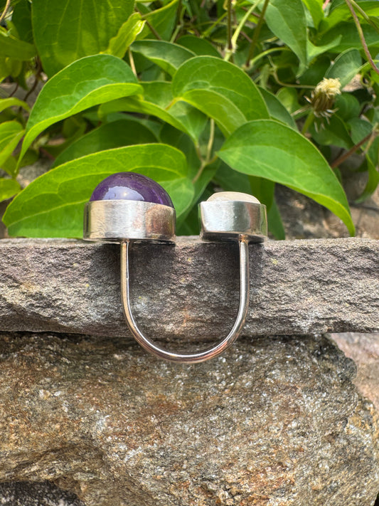 Handmade sterling silver moonstone and amethyst two-stone ring, alternate view