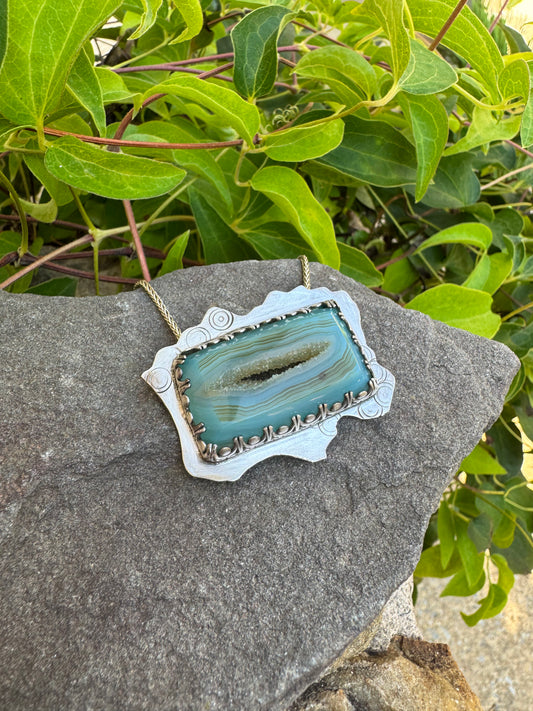 Handmade sterling silver dendritic opal landscape pendant, alternate view