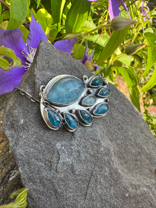 Handmade sterling silver blue topaz cluster necklace, alternate view