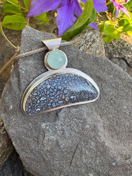 Handmade sterling silver fossil dinosaur bone and aquamarine crescent pendant, alternate view