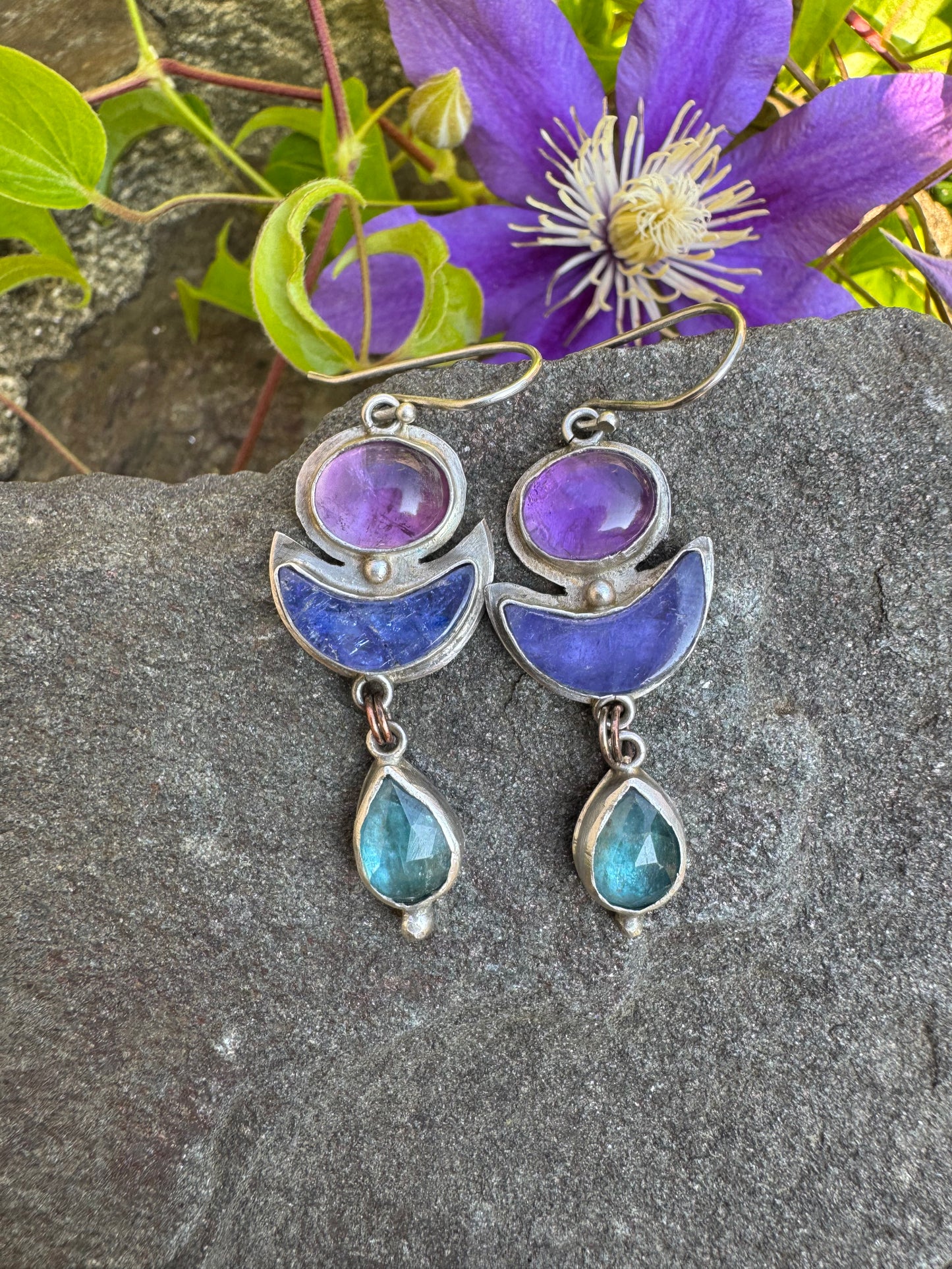 Silver earrings with amethyst, tanzanite and blue kyanite stones