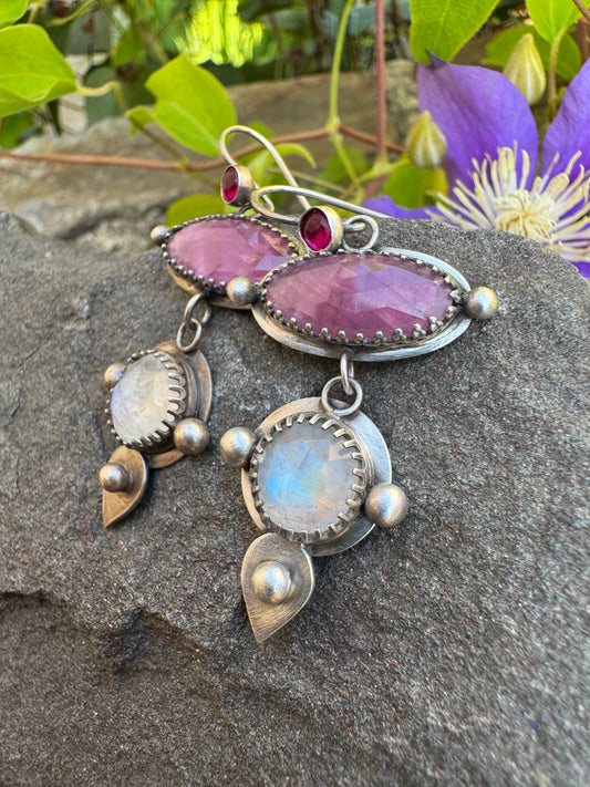 Handmade sterling silver ruby, pink sapphire and moonstone drop earrings, alternate view