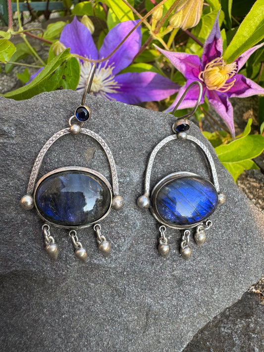 Handmade sterling silver labradorite oval drop earrings, alternate view