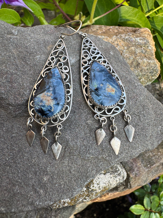 Handmade sterling silver pietersite filigree drop earrings, alternate view