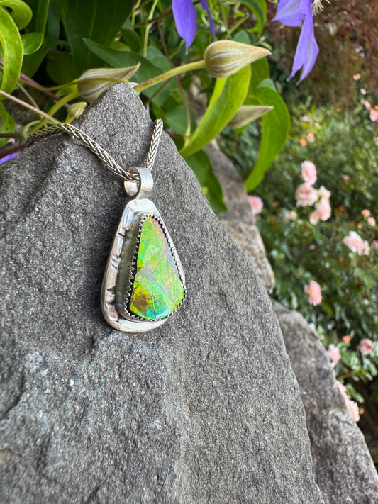 Handmade sterling silver ammolite triangle pendant, alternate view