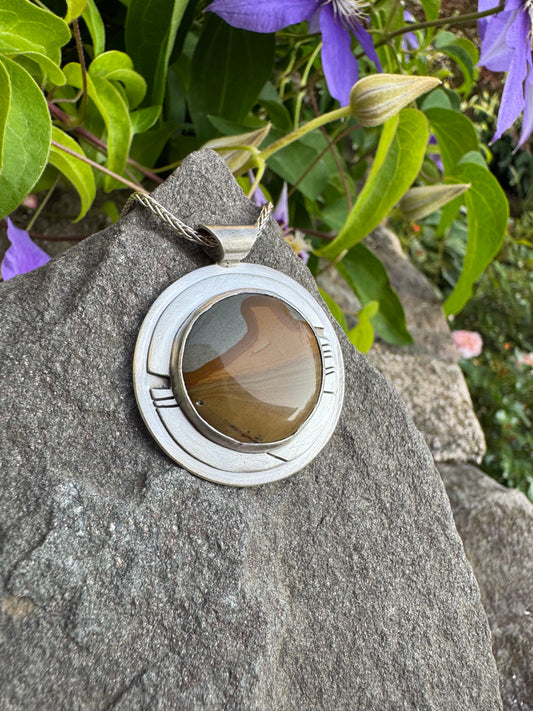 Handmade sterling silver picture jasper round pendant, alternate view