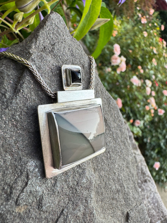 Handmade sterling silver picture jasper rectangle pendant with onyx, alternate view