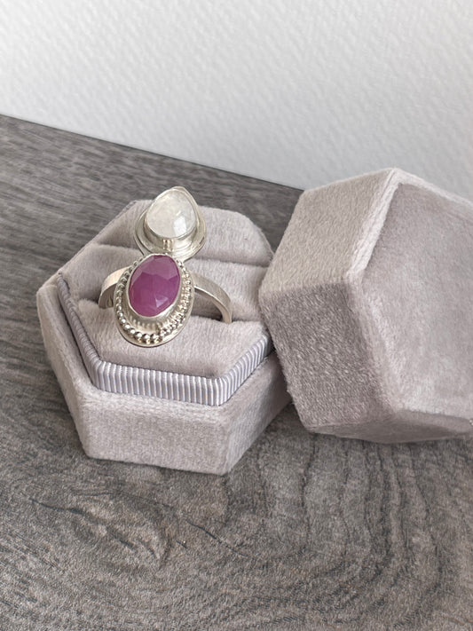 Handmade sterling silver ruby and moonston, alternate view