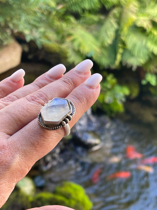 Handmade sterling silver moonstone hexagon ring, alternate view