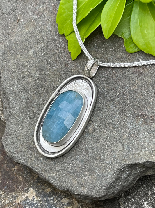 Handmade sterling silver aquamarine oval pendant in hand-engraved sterling silver, alternate view