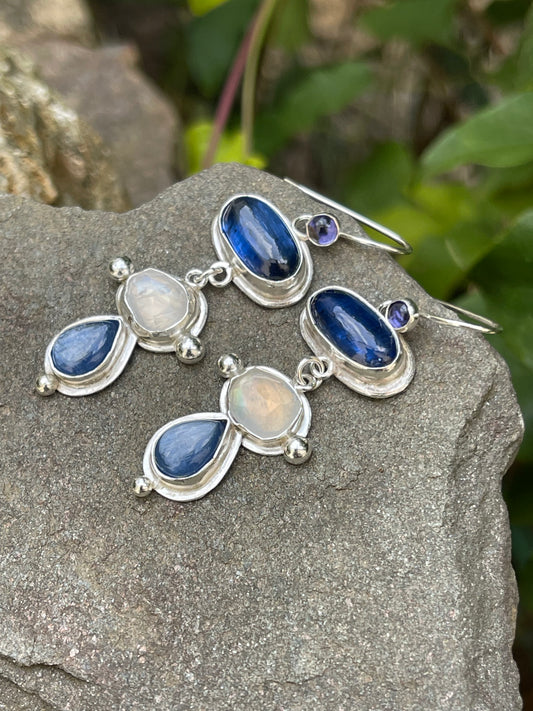Handmade sterling silver sapphire, moonstone and kyanite tiered earrings, alternate view