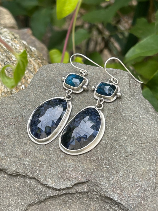 Handmade sterling silver kyanite and sapphire tonal blue drop earrings, alternate view