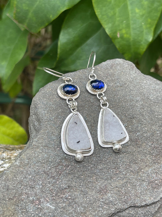 Handmade sterling silver sapphire and white druzy drop earrings, alternate view