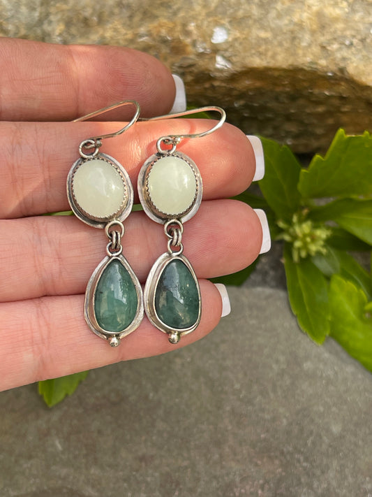 Handmade sterling silver milky aquamarine and green jasper drop earrings, alternate view