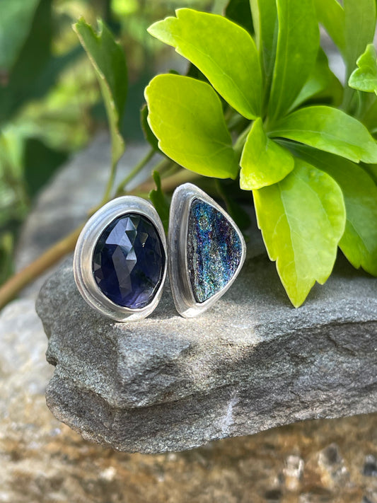 Handmade sterling silver druzy and iolite two-stone ring, alternate view