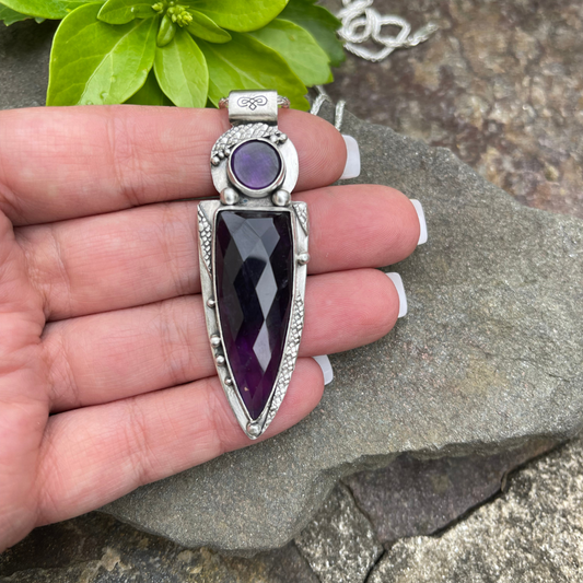 Handmade sterling silver elongated amethyst blade pendant, alternate view