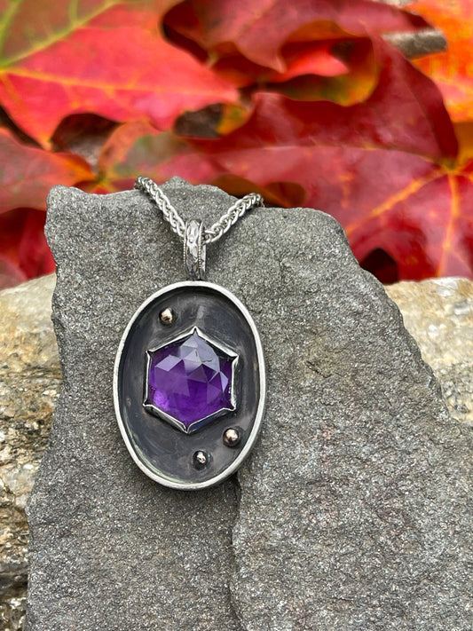 Handmade sterling silver hand-etched amethyst hexagon pendant, front view