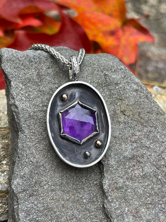Handmade sterling silver hand-etched amethyst hexagon pendant, alternate view