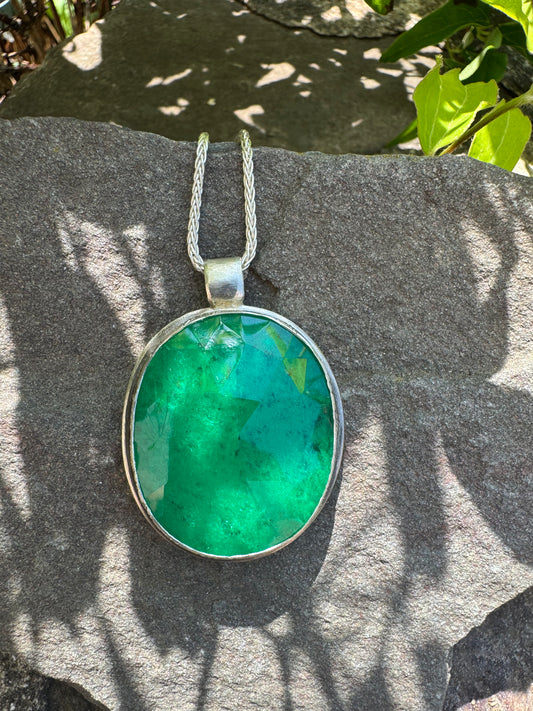 Handmade sterling silver emerald doublet oval pendant, front view