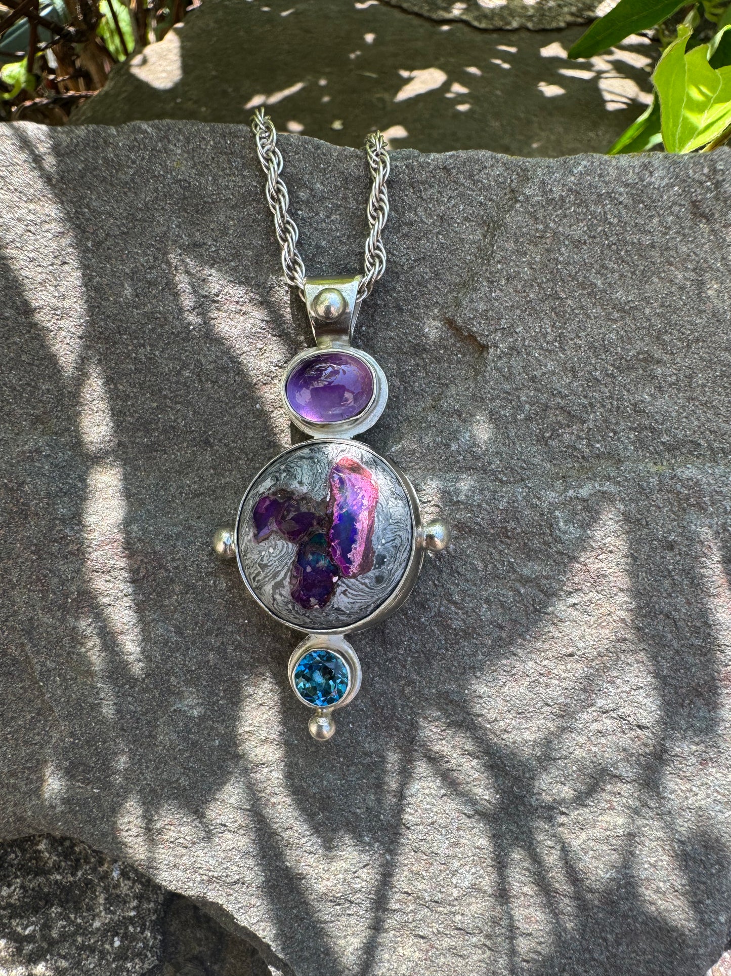 Amethyst, Fire Opal and Blue Topaz Chain Pendant