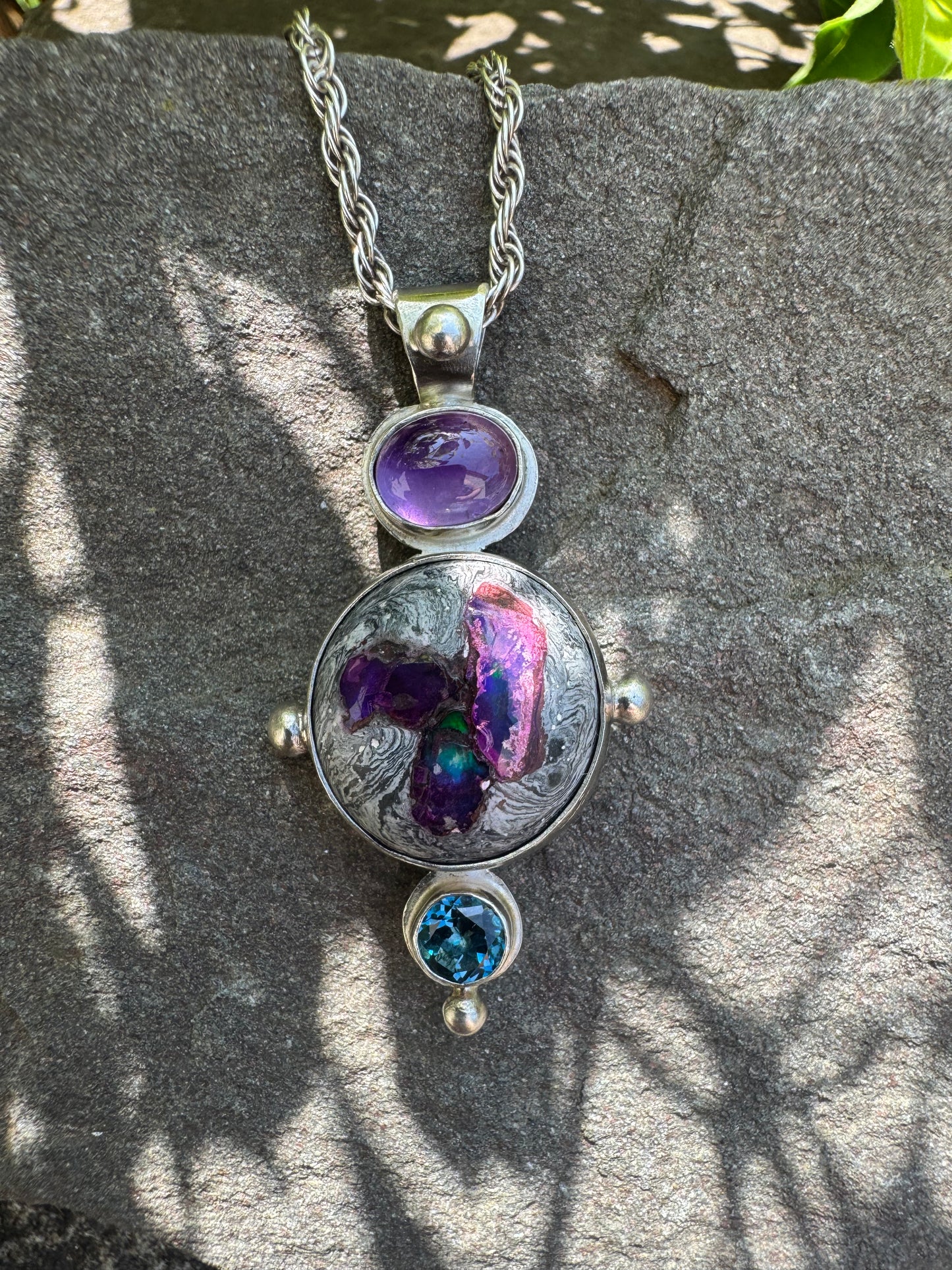 Amethyst, Fire Opal and Blue Topaz Chain Pendant