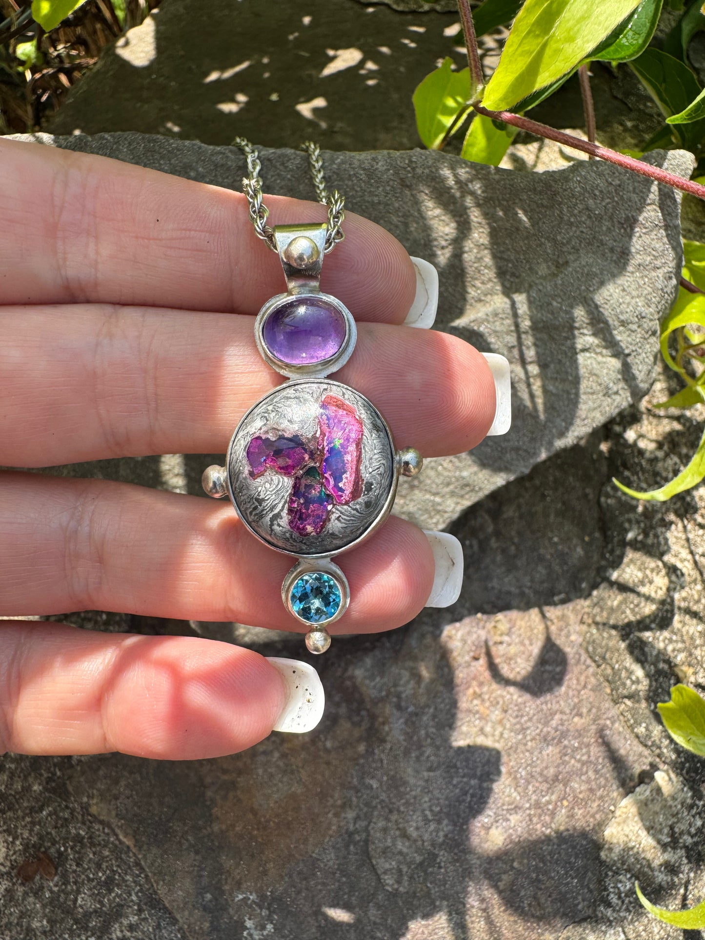 Amethyst, Fire Opal and Blue Topaz Chain Pendant