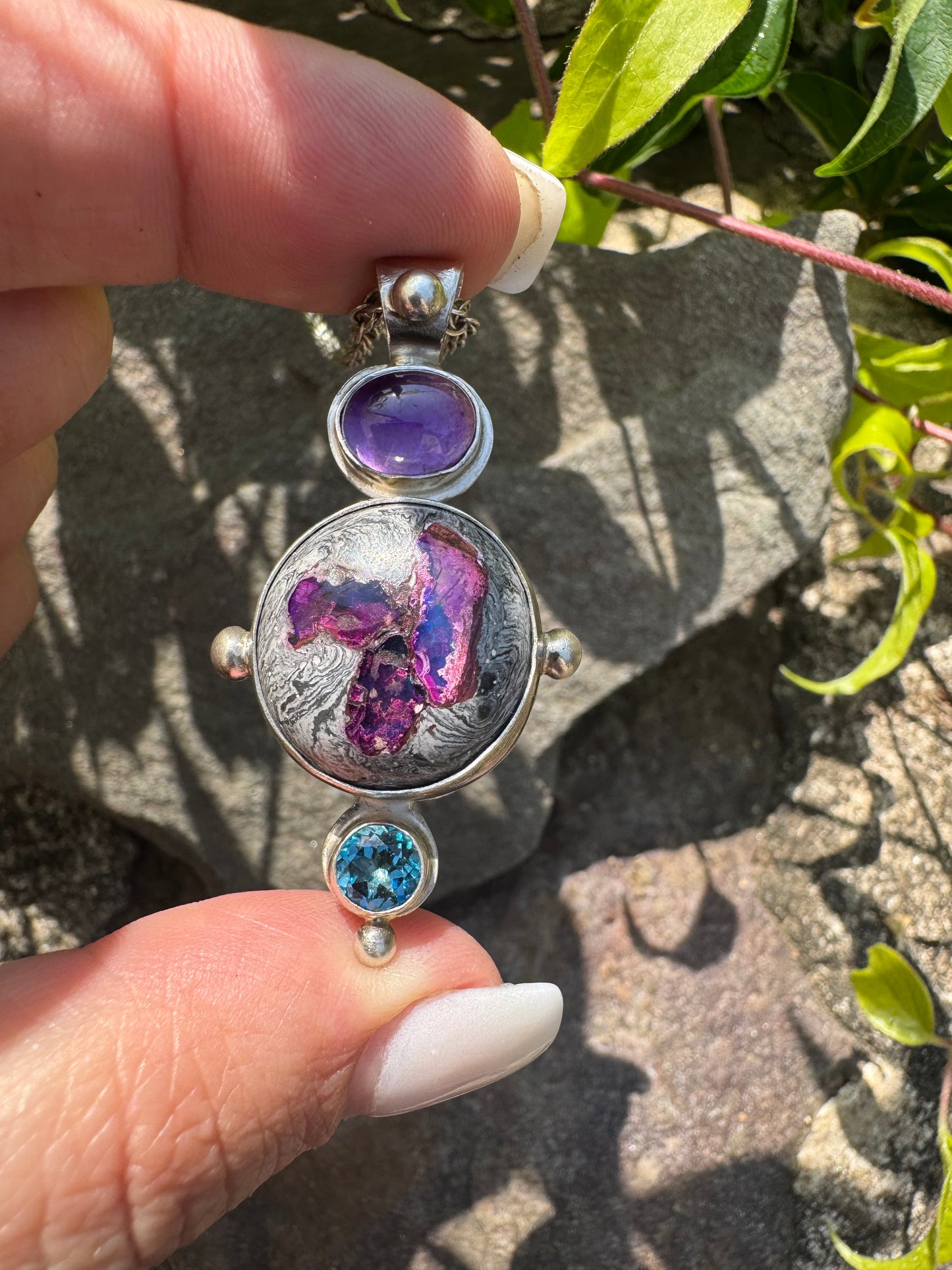 Amethyst, Fire Opal and Blue Topaz Chain Pendant