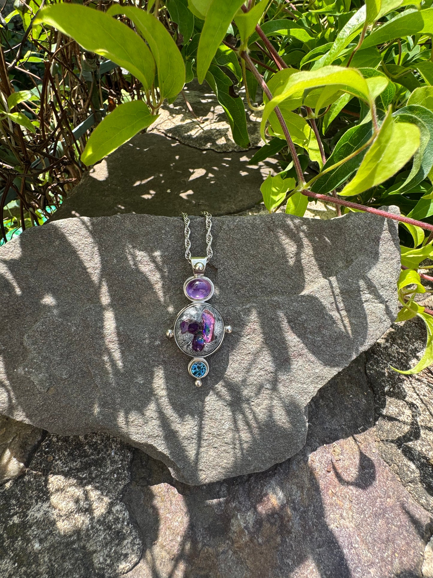 Amethyst, Fire Opal and Blue Topaz Chain Pendant