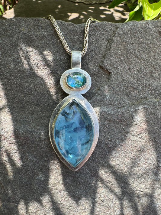 Handmade sterling silver aquamarine marquise and blue topaz pendant, front view