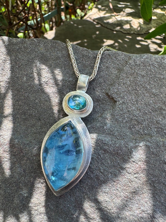 Handmade sterling silver aquamarine marquise and blue topaz pendant, alternate view