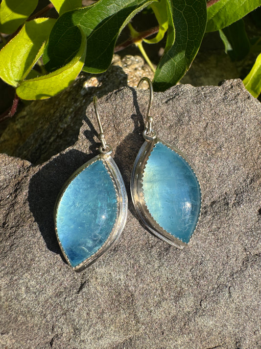 Handmade sterling silver petite aquamarine teardrop earrings, front view