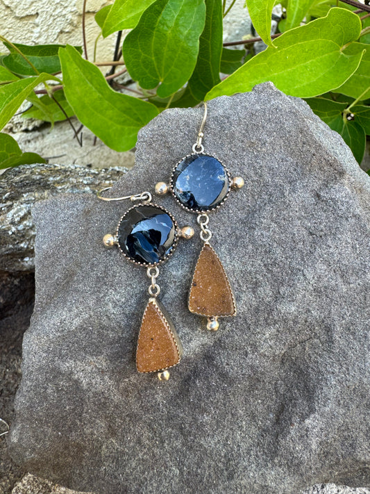 Handmade sterling silver pietersite and orange druzy drop earrings, front view