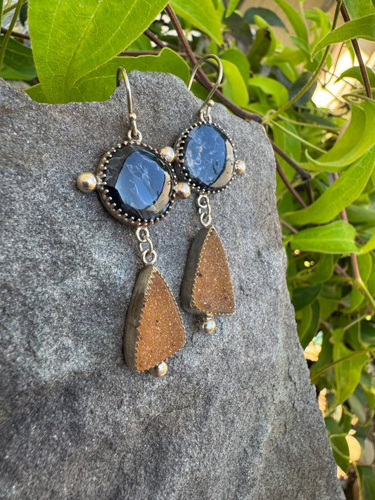 Handmade sterling silver pietersite and orange druzy drop earrings, alternate view