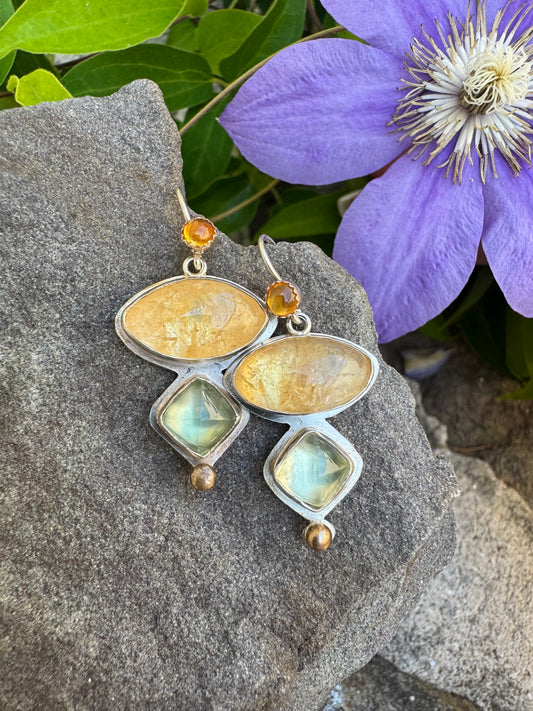Handmade sterling silver citrine, prehnite and topaz tiered earrings, front view